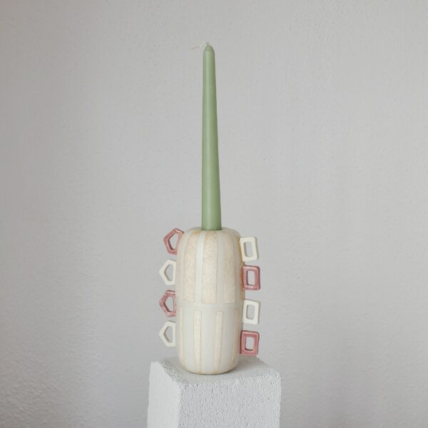 Striped Beige Ceramic Porcelain Vase and Candle Holder with Soy Wax